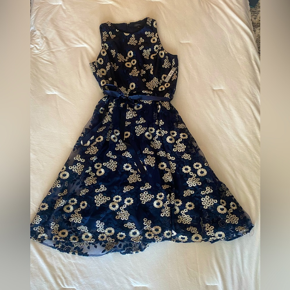 (2 available) Tahari Navy with silver brocade flowers dress